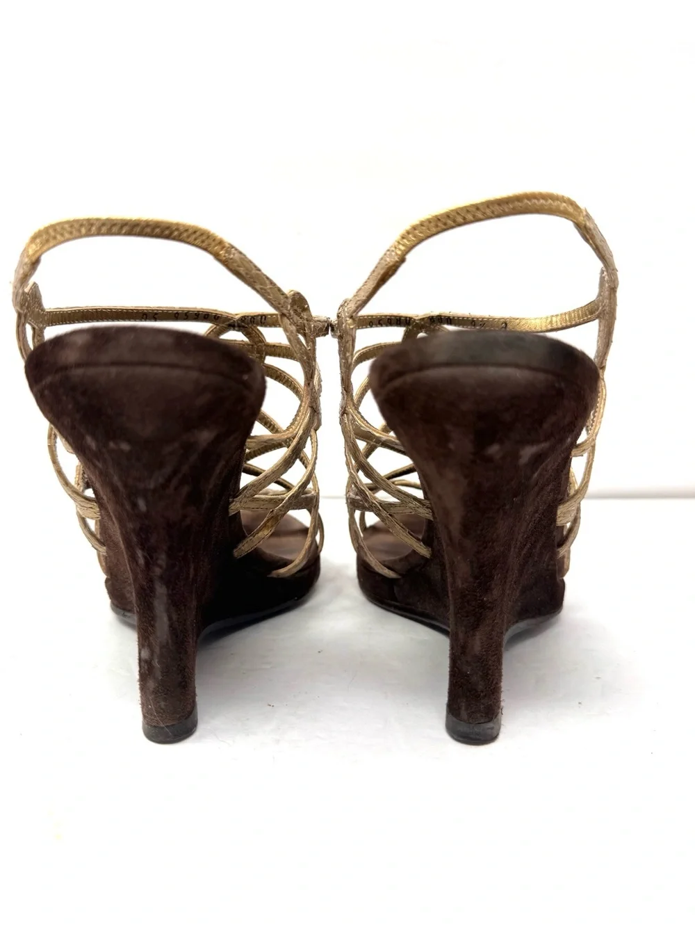 SALVATORE FERRAGAMO gold mesh leather/suede wedges, made in Italy, size 9.5
